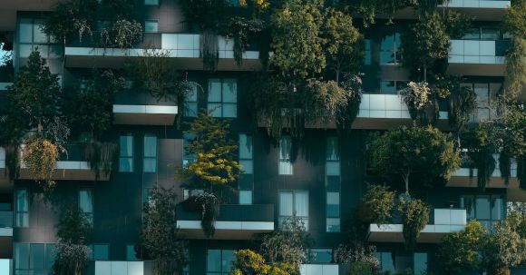 Property - Modern residential building facade decorated with green plants