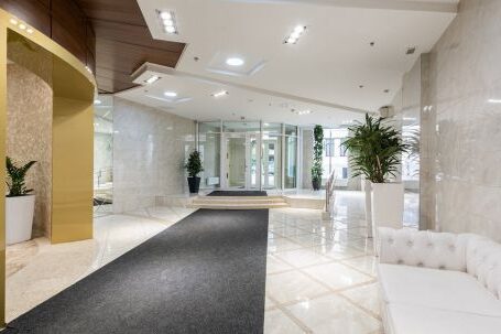 Luxury Properties - Interior of contemporary spacious lobby without people with white leather sofa and long black carpet