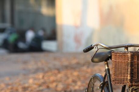 Neighborhood - Bicycle parked on town street covered with fallen autumn leaves