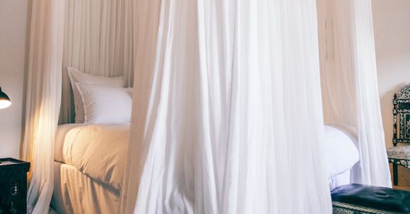 Luxury Properties - Spacious bedroom with large bed with white curtains hanging on ceiling in daylight