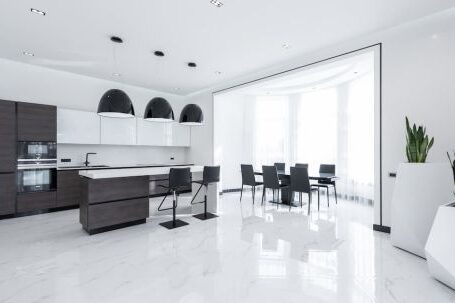 Luxury Properties - Interior of modern spacious kitchen with minimalist furniture and shiny marble styled floor decorated with creative white pots of fresh green plants