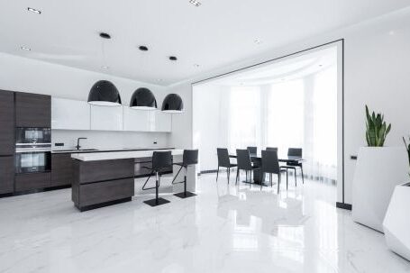 Luxury Properties - Interior of modern spacious kitchen with minimalist furniture and shiny marble styled floor decorated with creative white pots of fresh green plants