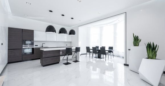 Luxury Properties - Interior of modern spacious kitchen with minimalist furniture and shiny marble styled floor decorated with creative white pots of fresh green plants