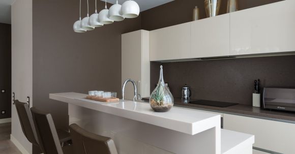 Luxury Properties - Stylish interior of contemporary spacious kitchen zone with light furniture in contemporary flat