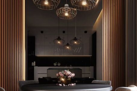 Luxury Interior - Gray Dining Table Under Pendant Lamps