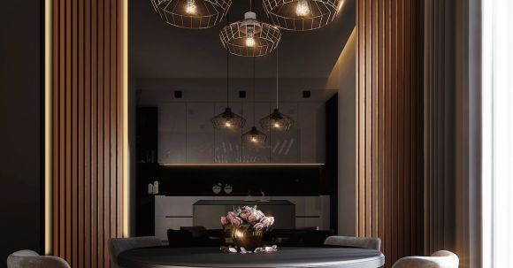 Luxury Interior - Gray Dining Table Under Pendant Lamps