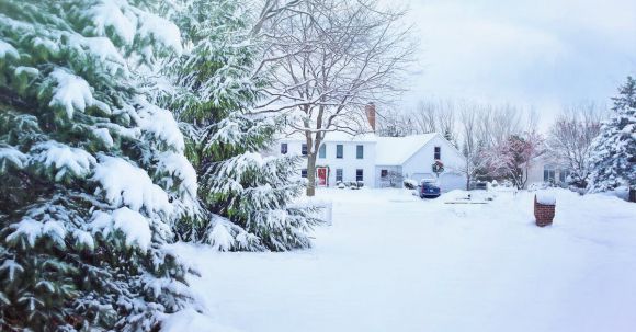 Neighborhood - Snow Covered House and Trees