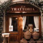 Neighborhood - Exterior of cozy Italian restaurant with wooden door and entrance decorated with plants