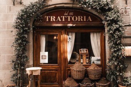 Neighborhood - Exterior of cozy Italian restaurant with wooden door and entrance decorated with plants