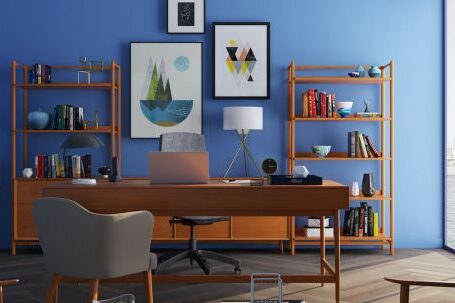 Interior - Brown Wooden Desk With Rolling Chair and Shelves Near Window