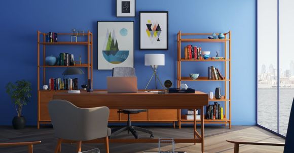 Interior - Brown Wooden Desk With Rolling Chair and Shelves Near Window