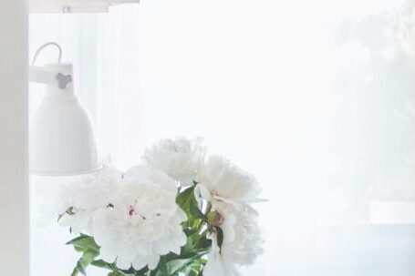 Home - White Peonies in Clear Glass Vase Centerpiece Near a White Ceramic Mug Closeup Photography