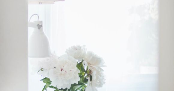 Home - White Peonies in Clear Glass Vase Centerpiece Near a White Ceramic Mug Closeup Photography